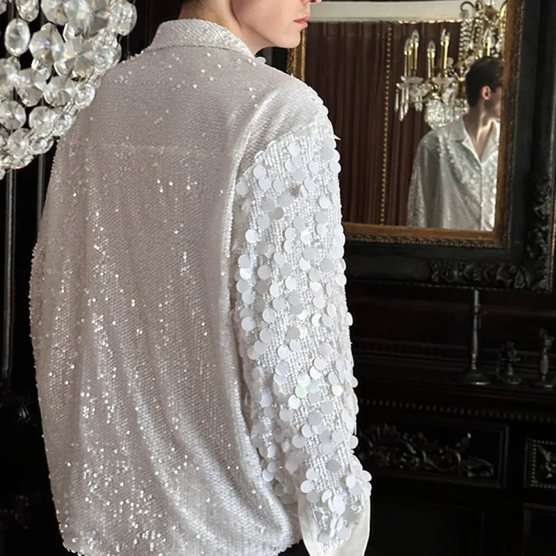 WVGA Spring Autumn New Men Tide High-End Sequin Trendy Long Sleeve Shirts Niche Chic Casual Turn-Down Collar Tops Ins Y2K W17878