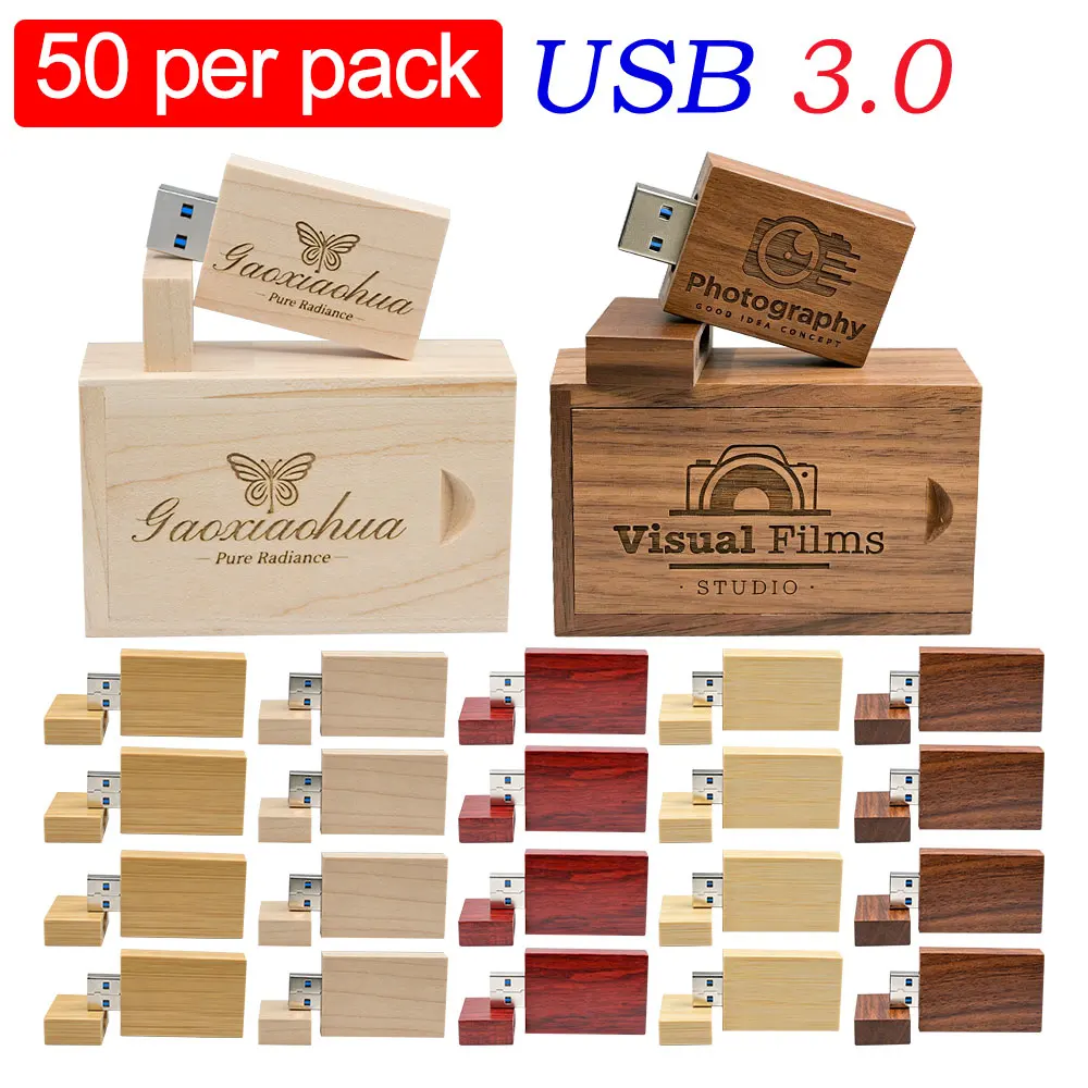 50pcs Lot Free Personalized Customization Wooden Flash Drive Pendrive 4GB 8GB 16GB 32GB 64GB 128GB USB 3.0 Wedding Gift