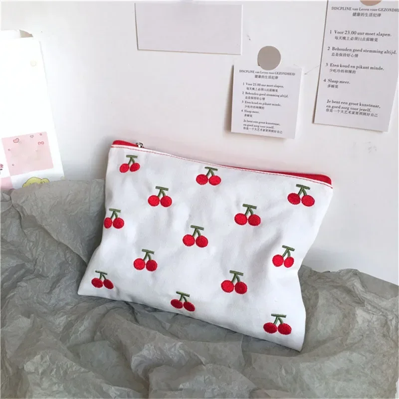 Cotton Cosmetic Bag Portable Cute Cherry Embroidery Women Storage Bags Small Female Travel Zipper Makeup Phone Pouch Case