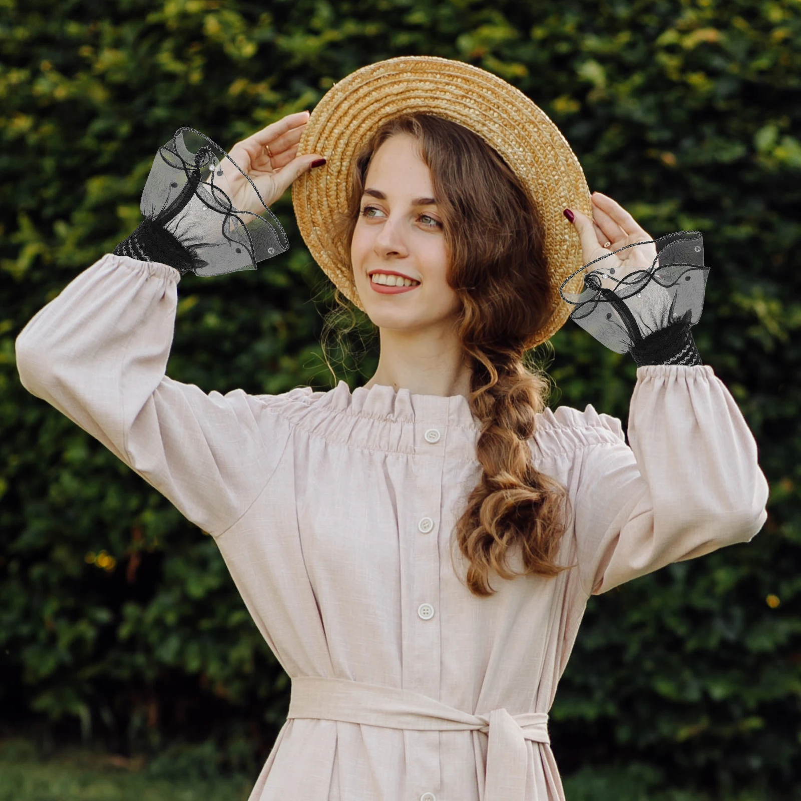 

1 Pair Lace Floral Wrist Cuff Elastic Fingerless Gloves Women Lolita Fake Sleeves Wedding Party Decorative Cuff Floral Layered