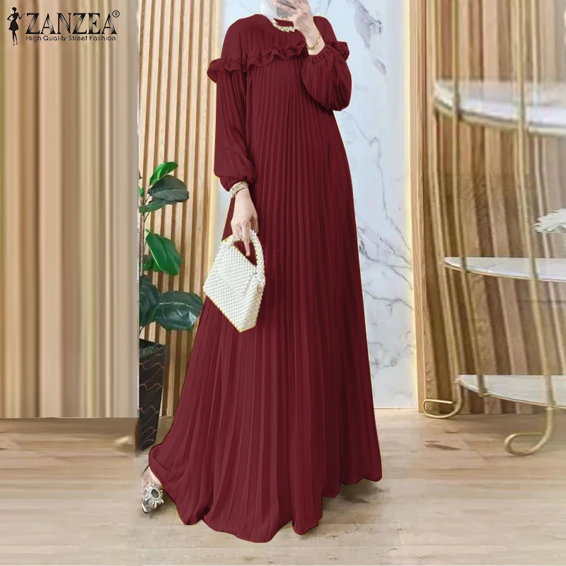2026 ZANZEA Elegant Party Dresses Women Spring Long Sleeve Pleated Maxi Sundress Dubai Robe Fashion Muslim Abaya Dress Ramadan