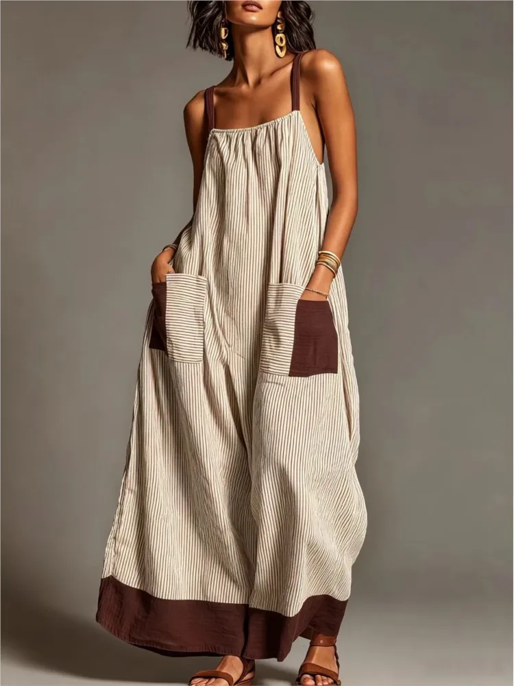 Women Casual Loose Dress Sleeveless Spaghetti Strap Striped Patchwork Dresses With Pockets Vintage Bohemian Holiday Long Dress view 3