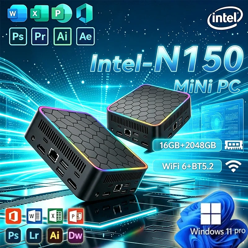 2026 New Intel N150 Mini PC 16GB DDR4 M2 NVMe SSD 512GB Triple 4K WiFi6 BT52 Silent Cooling Office Home Desktop Pro Ultra