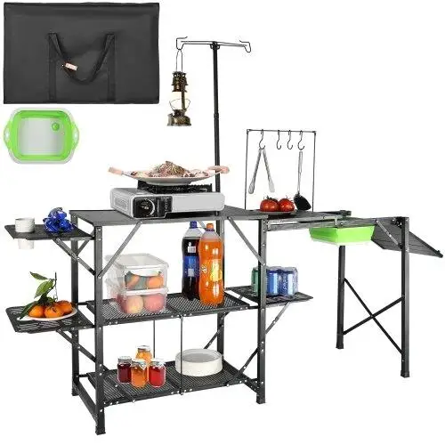 

Portable Camping Kitchen with Carry Bag, 3 Side Tables & Sink, Aluminum Cook Station for outdoor BBQs & Picnics