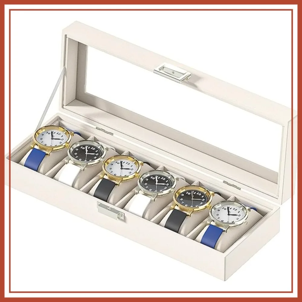 Leather Watch Display Case 6-Slot Beige Velvet Travel Organizer Box for Men Women