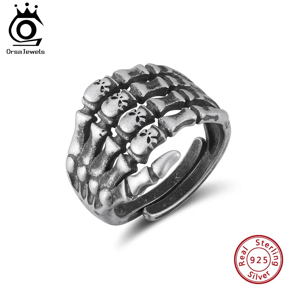 ORSA جواهر الهيب هوب S925 الفضة خاتم على شكل جمجمة للرجال موضة الجمجمة المفتوحة البنصر شخصية حفلة الهالوين مجوهرات NMR19