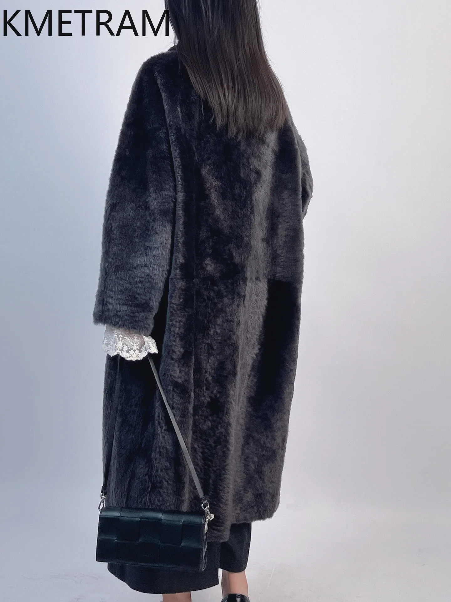 KMETRAM 天然羊毛付きコート ダークグレー ロングリアルファーコート 女性服 冬 新作 アウターウェア шуба