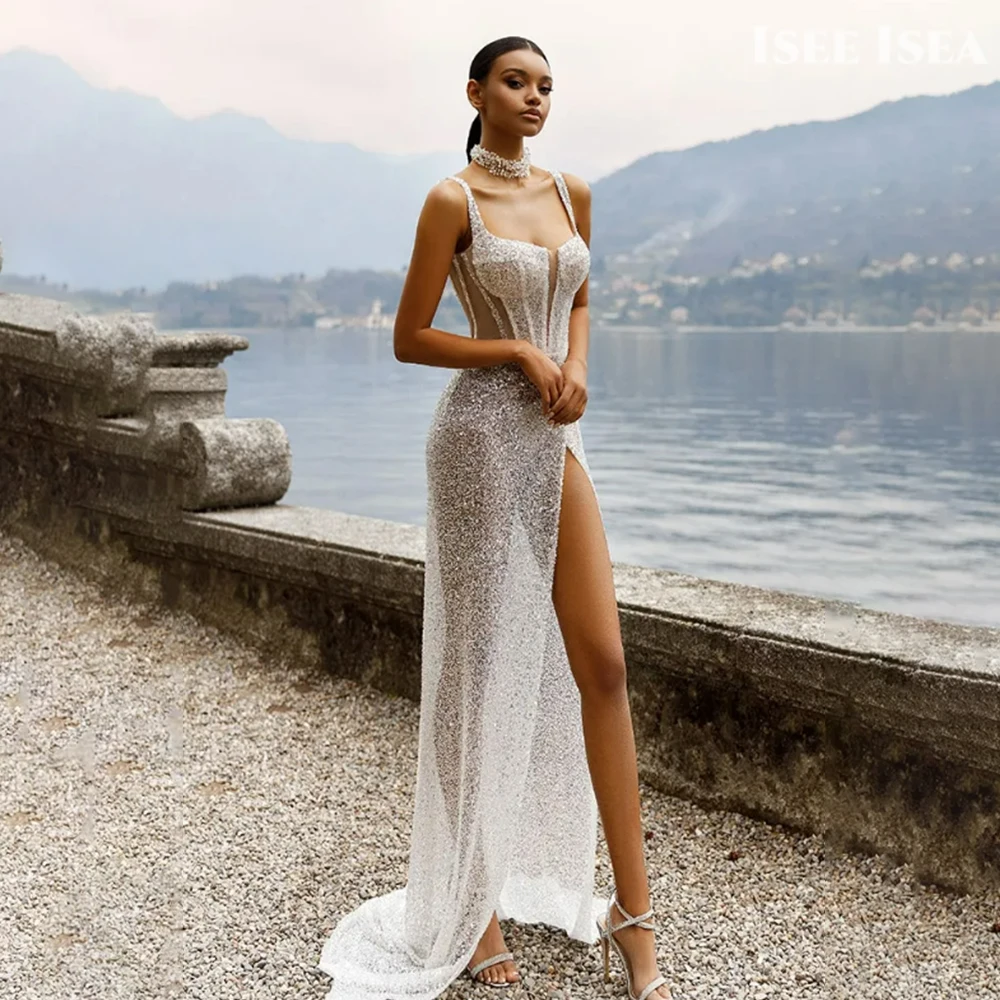 ボヘミアンイブニングドレスチュールスクエアカラーグリッターメッシュウエディングドレスハイスプリットウェディングパーティードレスカスタマイズされたvestidos de nlvia