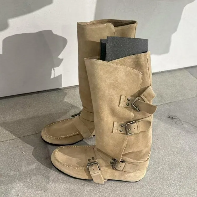 Wasteland Style~ French Hand-stitched Vintage Round-toe Belt Buckle Knight Boots with Comfortable Hidden Lift