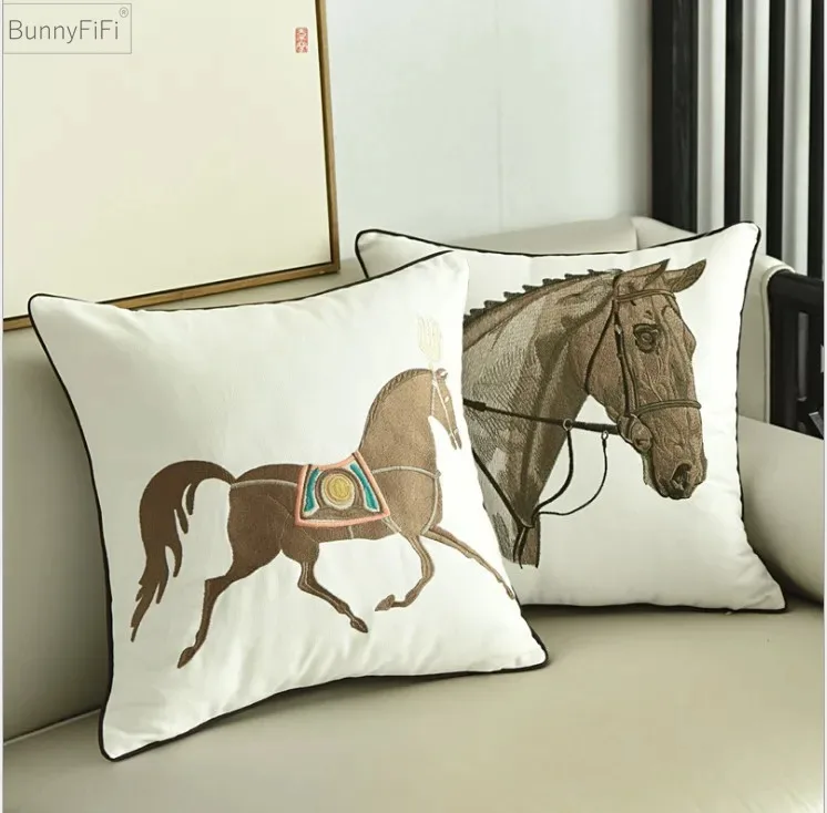 China Art Horse Embroidery Cushion Cover Home Decoration Cotton Canvas Geometric Pillow Cover 45x45cm Sofa PillowCase