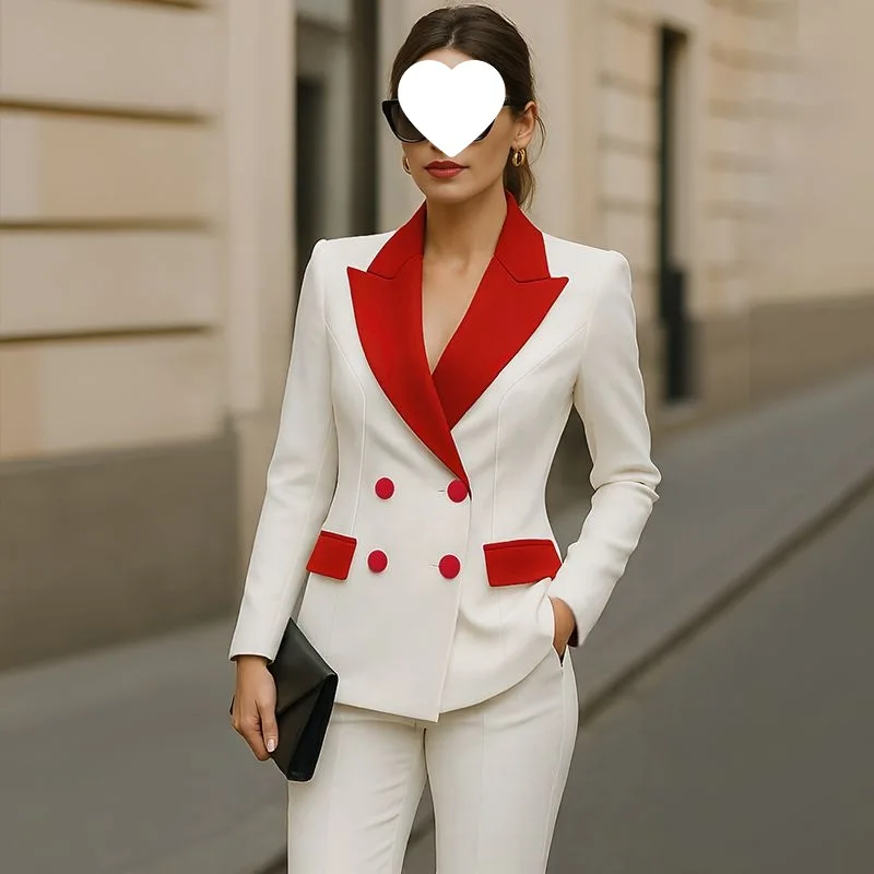 Women's Suit Fashionable Petal Long Sleeve Button Suit Collar Splicing Pocket Contrast-colour straight-shoulder Styled Top Pants