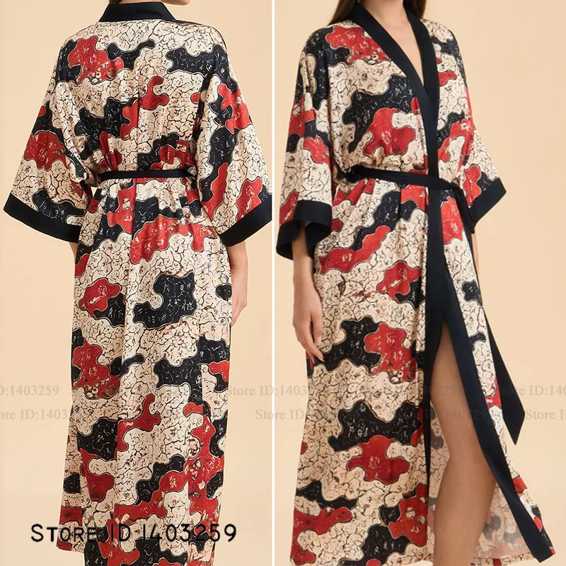 

Large Size Women's Long Robe Sleepwear Print Half Sleeve Kimono Bathrobe Gown Homewear Loose Casual Silk Satin Negligee Pajama