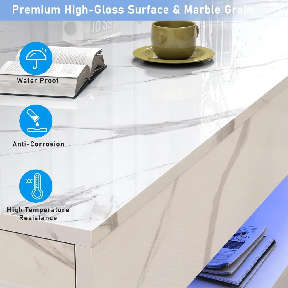 Modern Large High-Gloss LED Coffee Table with Sliding Drawers, Living Room Storage Solution featuring Marble Print Design