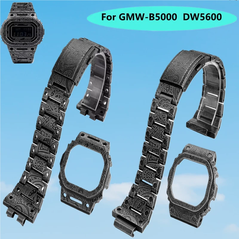 dw-5600改造キット-メタルストラップ-ベゼルセット-カシオ-g-shock-gw-m5610-gw-b5600-gmw-b5000-ヴィンテージ-ペイズリー彫刻メタルケース-ウォッチバンド