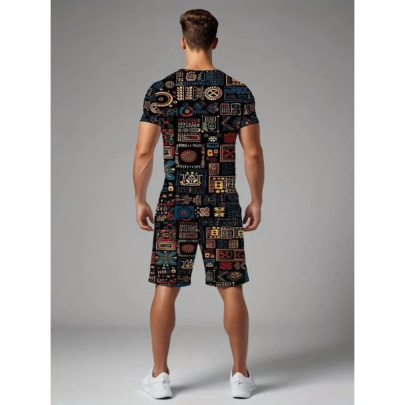 2025 New Trend Casual T-shirt 3D Digital Printed Short Sleeve Shorts Set Summer Essential Creative Retro Men's Fashion