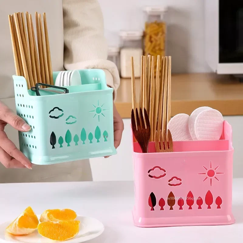 Kitchen Draining Rack Cage Cutlery Chopsticks Spoon Knife Shelf Holder Pink Blue Storage Box Plastic Desktop Partition Rack