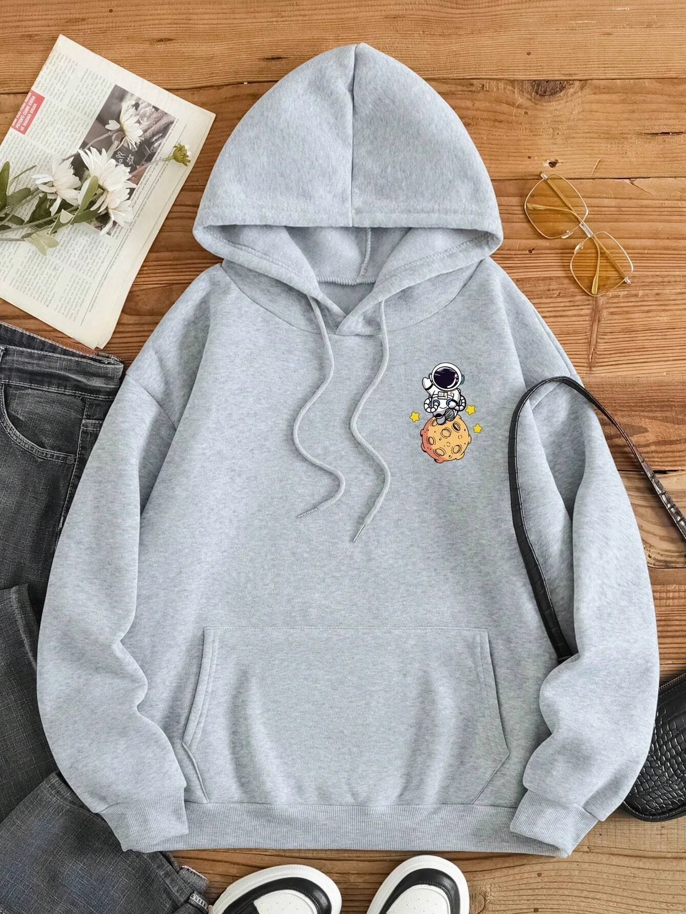 Women\'s casual minimalist gray solid astronaut print loose and comfortable soft sportswear pullover hoodie S-4XL16