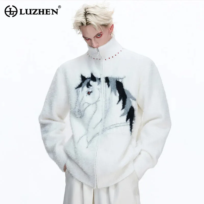 LUZHEN 2026 Winter Original Fleece Patchwork Pattern Stand Neck Handsome Sweaters Men's Fashion High Quality Loose Coat JY5807