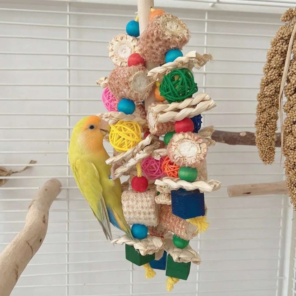 Papageienspielzeug Bunter Holzball aus Maisstroh für Vogelkäfig-Unterhaltung Schnabelschleifspielzeug aus Naturholz Langlebiges Stressabbau-Spielzeug – Detail 9