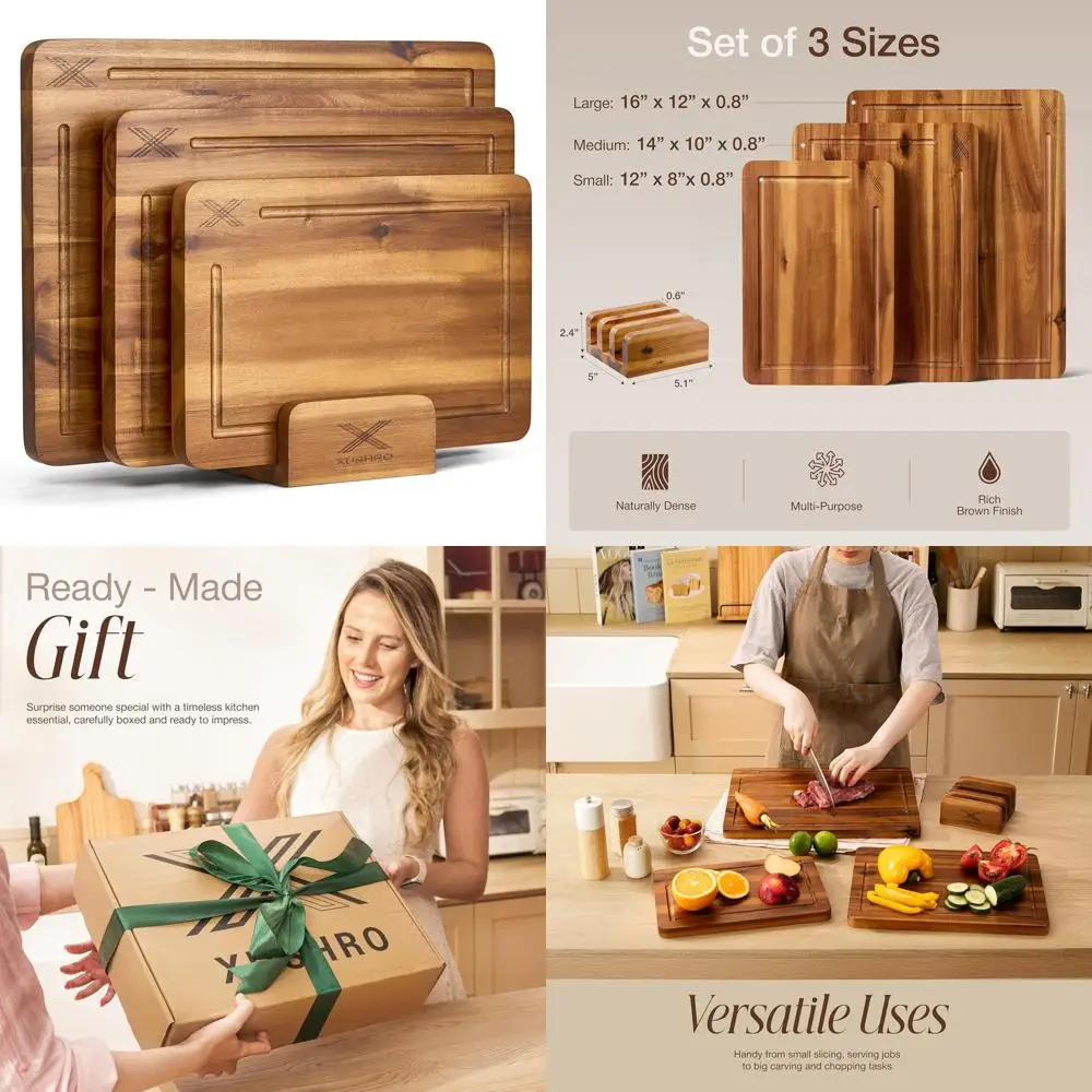 

Set of 3 Acacia Wood Cutting Boards - 16x12, 14x10, 12x8 inches, Thick, Natural, Non-Slip, Durable for Meat and Veggie Prep