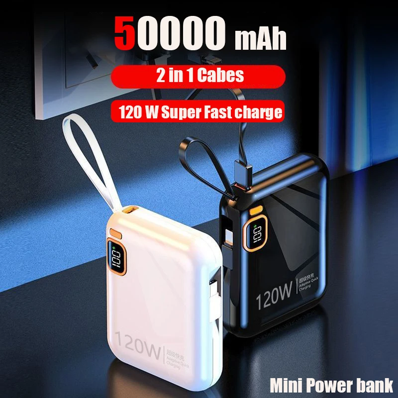 120W 50000mAh Portable Power Bank High Capacity Cable Two-way Fast Charging Mini Powerbank for iPhone Samsung ﻿New