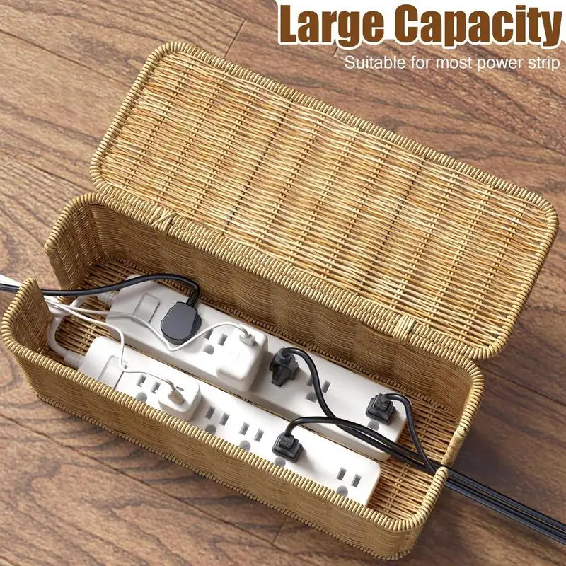 Imitation Rattan Cable Organizer Box Office Desk Charger Socket Network Line Storage Bin Power Cord Charger Storage Box