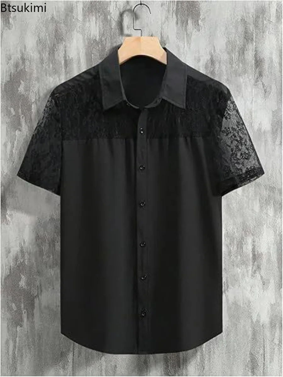 Men's Summer Luxury Mesh Lace Shirts Leisure Hollow-Out Patchwork Short Sleeve Floral Printed Buttoned See-through Male Clothing