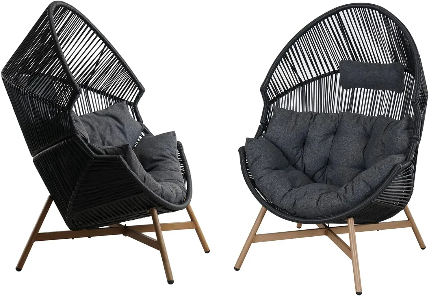 Outdoor & Indoor Egg Chair 2PC, PE Wicker Open Weave Wood Grain Finish Oversized Egg Cocoon Chairs  Comfortable(Dark Grey 2PC)