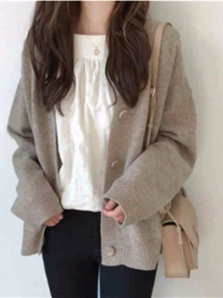 

ay Knitted Open Cardigan Loose Women's Outerwear V-Ne Long Sve Slimming Spring Autumn Faion Casual Polyester Fiber