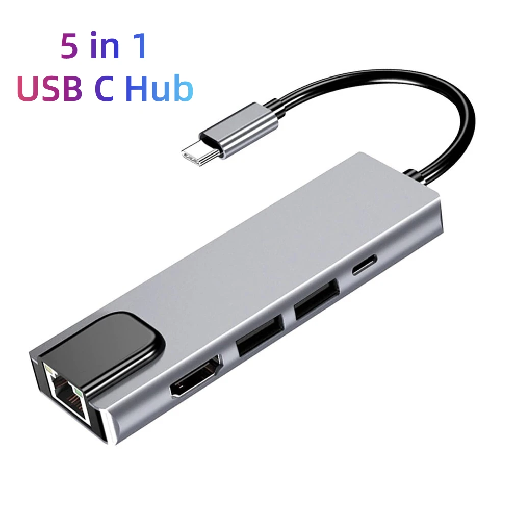 

USB C 5in1 Hub Type-C Thunderbolt3 To USB 3.0/4K UHD/RJ45 100Mbps Ethernet Adapter Dock Station with PD Charging for Macbook Pro