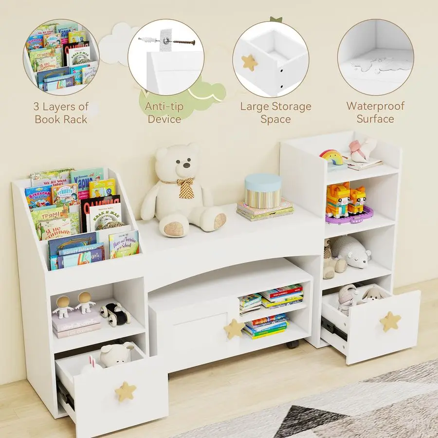 55 Kids Bookshelf with Reading Nook, Kids Bookcase with Desk and Toy Storage Drawers, 6 Storage Cubbies and Storage Cabinet with