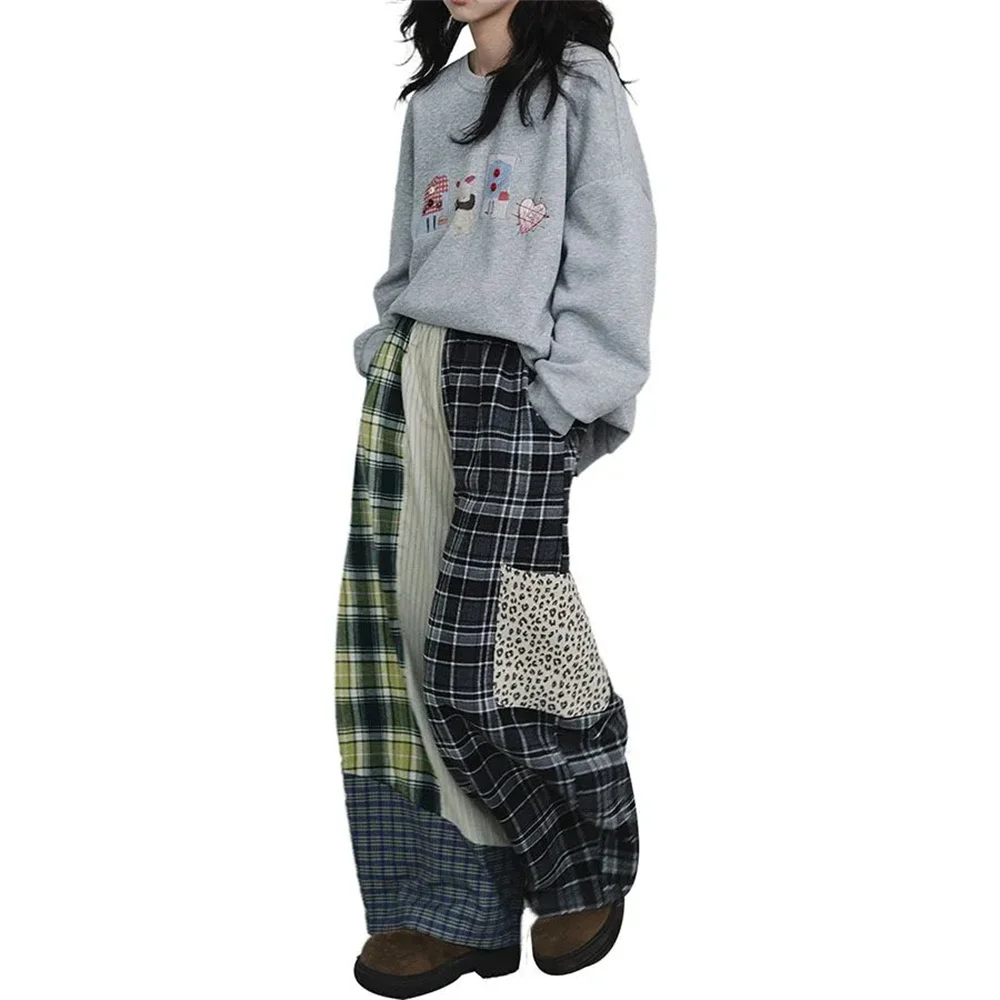 Plaid Patchwork High Street Gothic Pants Women American Style Elastic Waist Baggy Wide Leg Y2k Harajuku Trousers Stright Casual