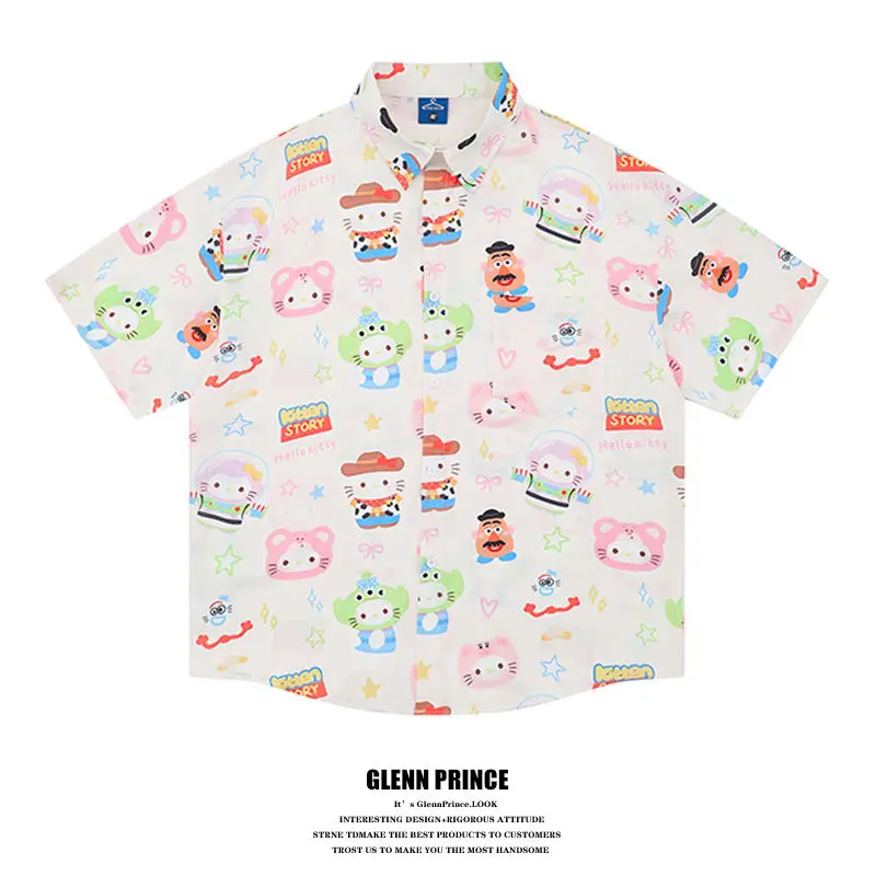 BEIANJI men clothing 2025 new fun kt cat full print short-sleeved shirt unisex summer cute niche casual loose flower mens shirt