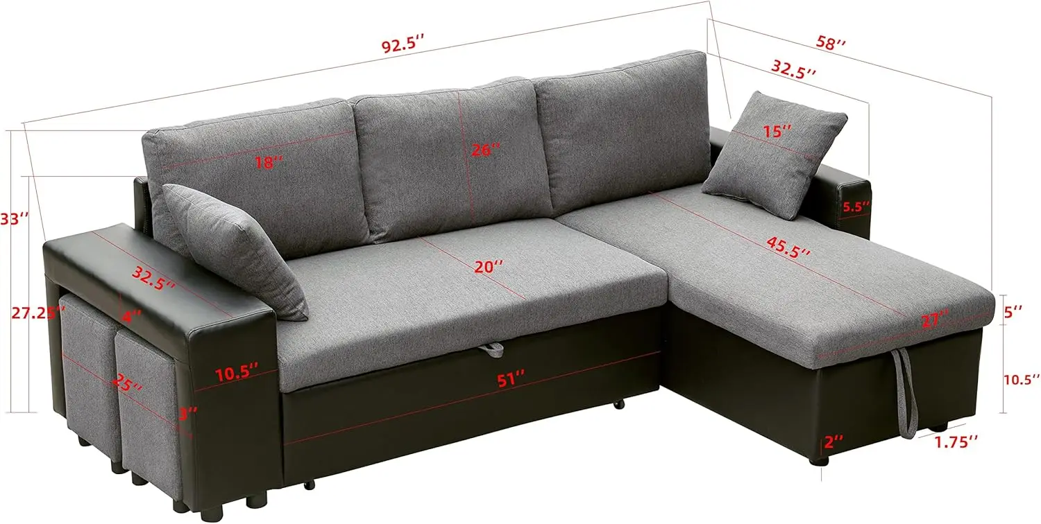 Linen Reversible Sectional Couch Pull Out Sleeper Sofa and Chaise with Storage and 2 Steel Sstools