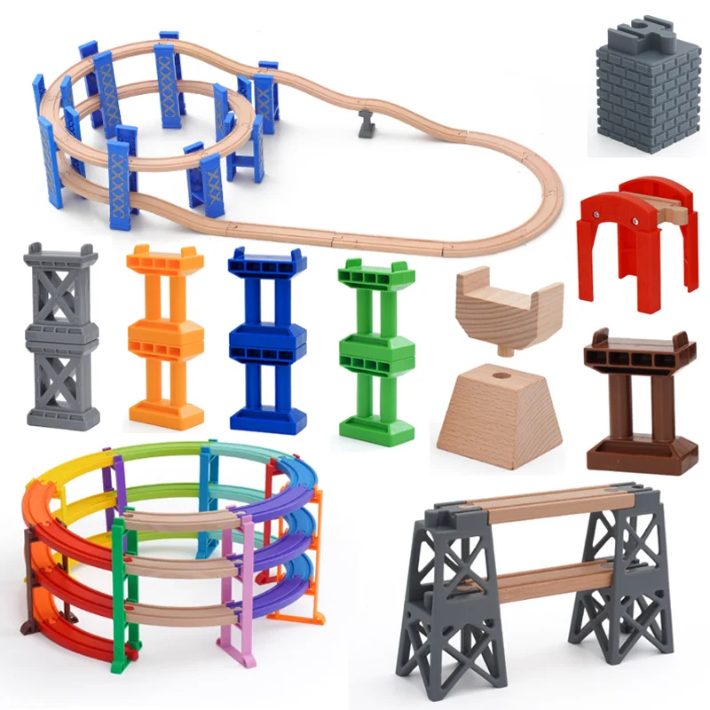 

Деревянные аксессуары для железной дороги: серия мостовых опор, изогнутые кронштейны для рельсов, деревянные игрушки-железные дороги для детей, подарки для детей