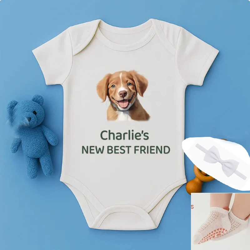 3PCS SET Custom Baby Bodysuit with Pet Photo, Personalized Dog Cat Portrait Onesie with 