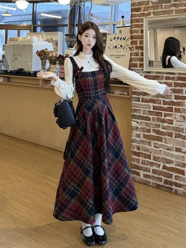 

plus Size Plaid Woolen Dr Women's Autumn Winter New Sle Waist Cinching Long Skirt Ci Commute High Waist Lace A-Line Dr