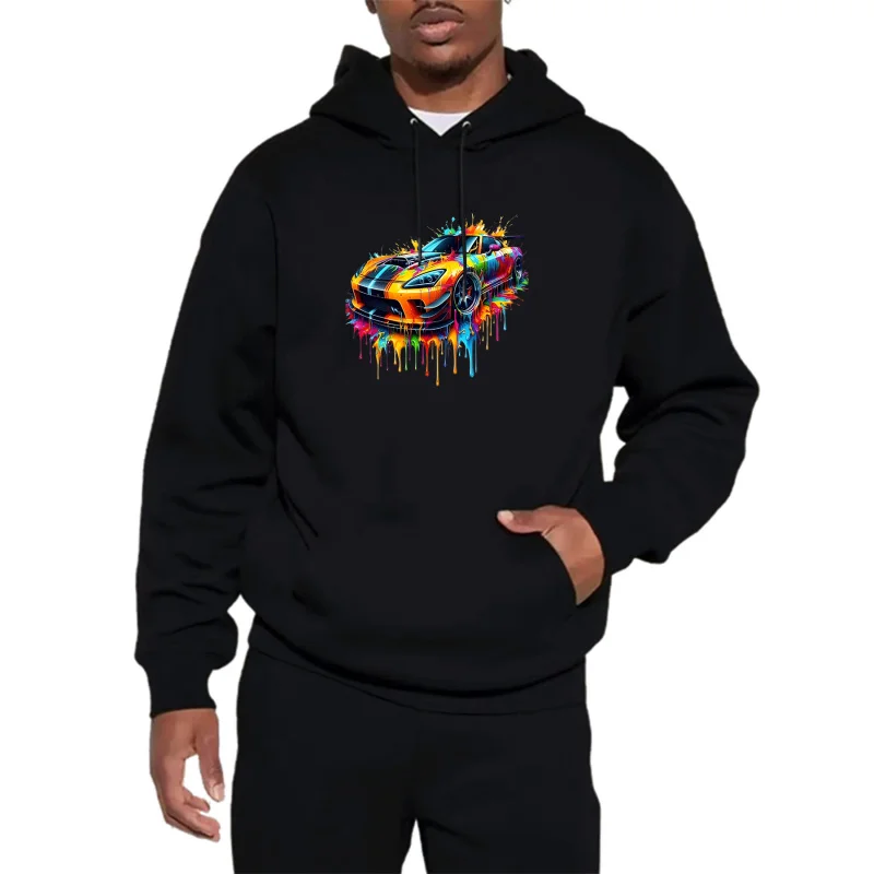 

Men's Graffiti Style Sports Car Hoodie Vibrant Paint Splash Racing Car Print Casual Loose Pullover Sweatshirt with Drawstring