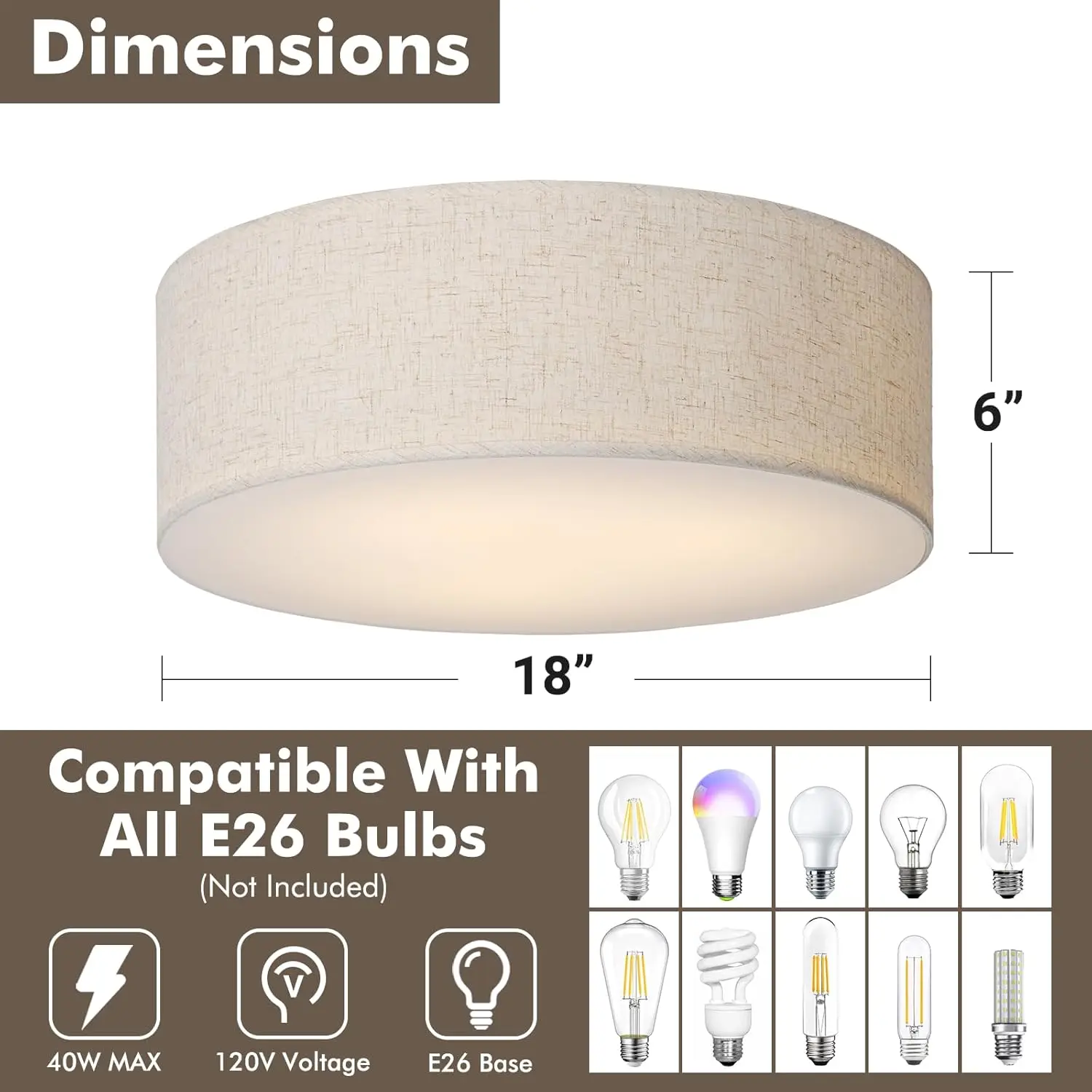 Luminária de Teto Embutida de 18 Polegadas com Abajur de Tecido, Iluminação Moderna para Sala de Estar, Quarto, Cozinha