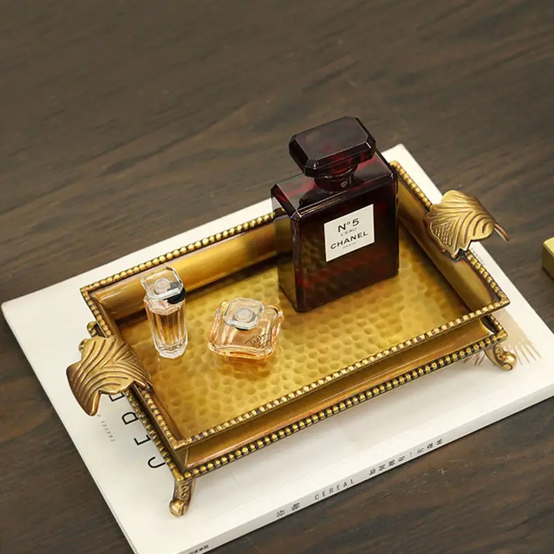 Handmade Brass Tray Vintage Home Decor Fruit Bowl Cosmetics & Perfume Display with Handle for Storage Retro Dining Organizer