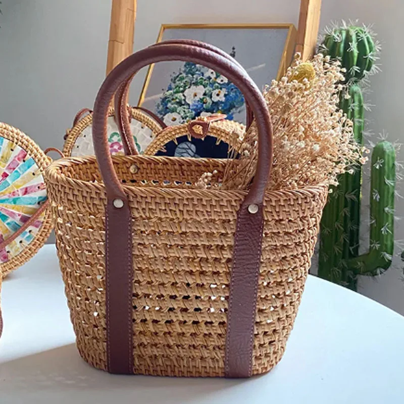 New Handmade Woven Basket Bag PU Starry Sky Handbag Retro Versatile Large Capacity Casual Basket Vacation Travel Bag