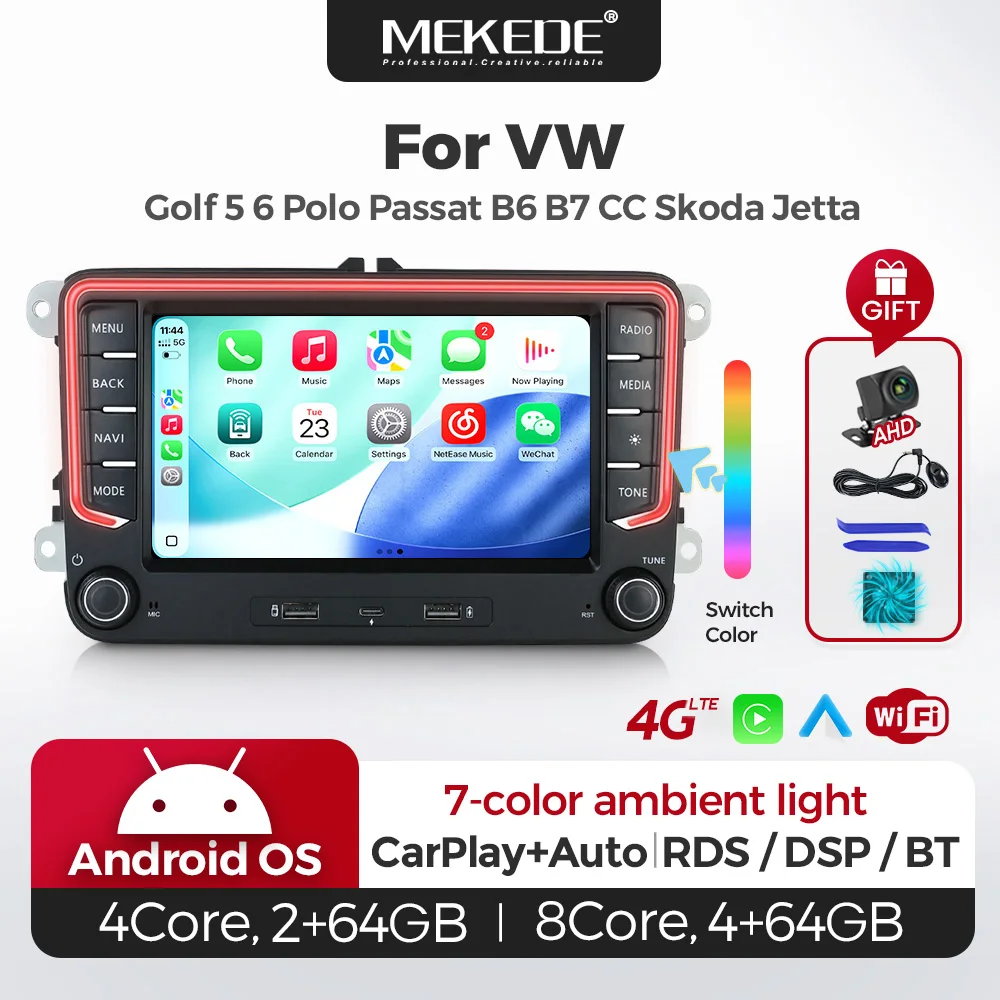 MEKEDE 2DIN Android Autoradio für VW Passat Golf MK5 MK6 Jetta Polo Touran Kabelloses Carplay Android Auto 7'' Multimedia-Player