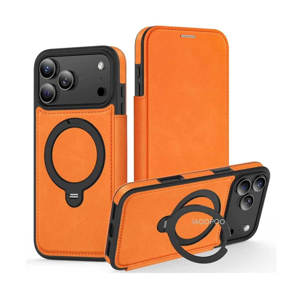 

Кожаный откидной чехол с магнитным закрытием для iPhone 17 Pro Max Air 16 15 14 13 12 11, беспроводная зарядка, вращающийся на 360 градусов кронштейн