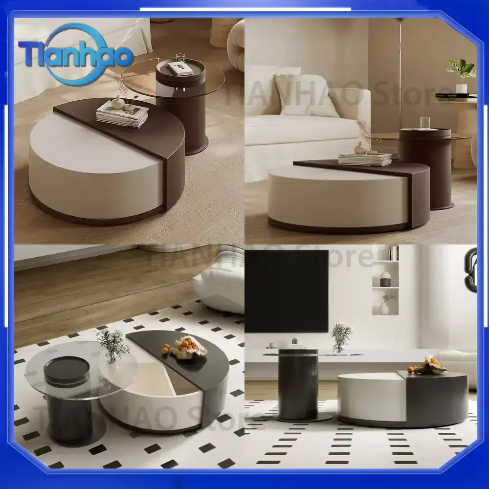Round Multifunctional Solid Wood Coffee Table for Modern Minimalist Italian Style Living Room Light Luxury Home Designer Side