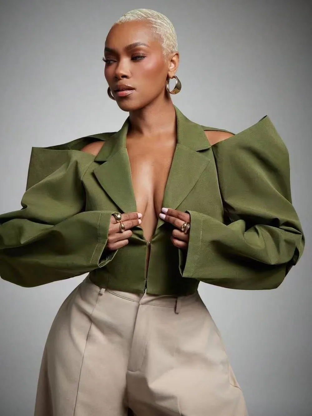 Women's Cropped Blazer Off Shoulder Cutout Puff Sleeve Lapel Open Front Solid Short Jacket Coat For Fashion Street Outerwear