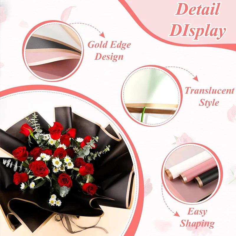 40pcs Black Gold Edge Rose Flower Wrapping Paper Korean Style Gift Wrap Florist Bouquet Wrapping Paper