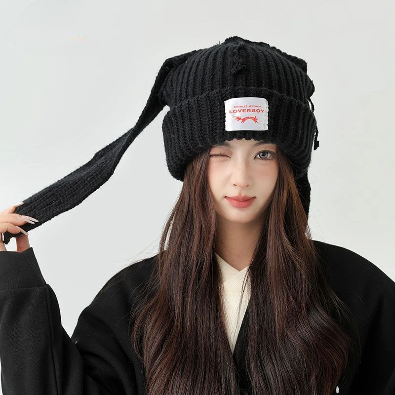 Kawaii Long Rabbit Ears Knitted Hat Winter Accessories Fashion 2000s Warm Cap Hip Hop Y 2k Emo Korean Style Knitted Hat Female