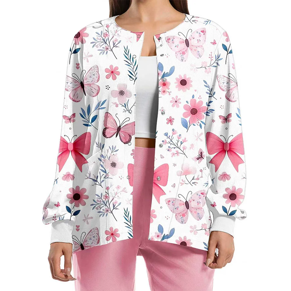 캐주얼 의료용 스크럽 재킷 유니폼 부드럽고 편안한 폴리에스터 스판덱스 긴 소매 싱글 브레스티드 프린트 치과 의사 재킷