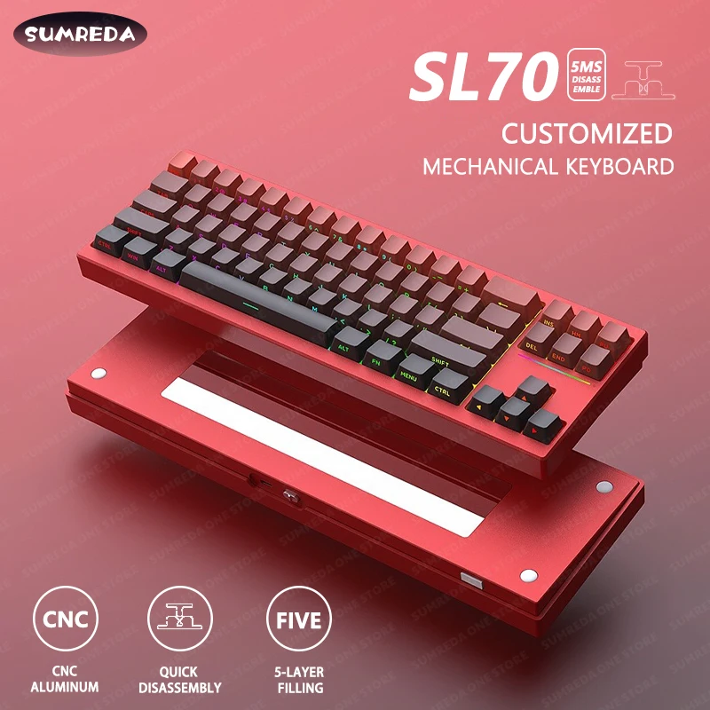 SUMREDA SL70 Aluminum Wireless Mechanical Keyboard Kit 71Key Gaming Bluetooth 2.4G Wired RGB Hotswap Korean Non-contact Keyboard