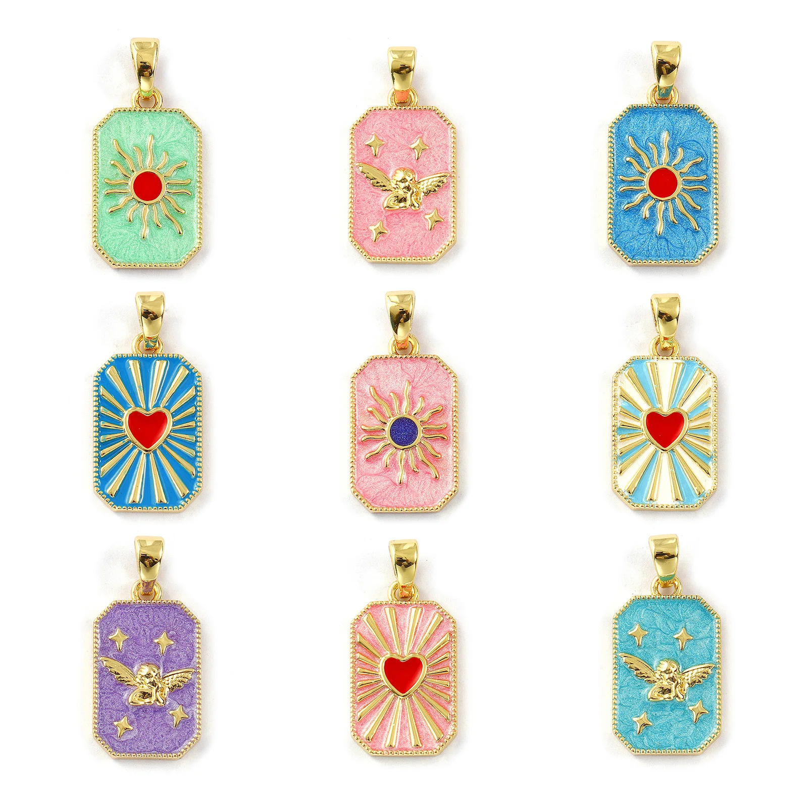 2PCs Brass Pendants 18K Gold Plated Enamel Octagon Pearlescent Sun Heart Star Angel Pendants For Necklace DIY Making 3cm x 1.4cm
